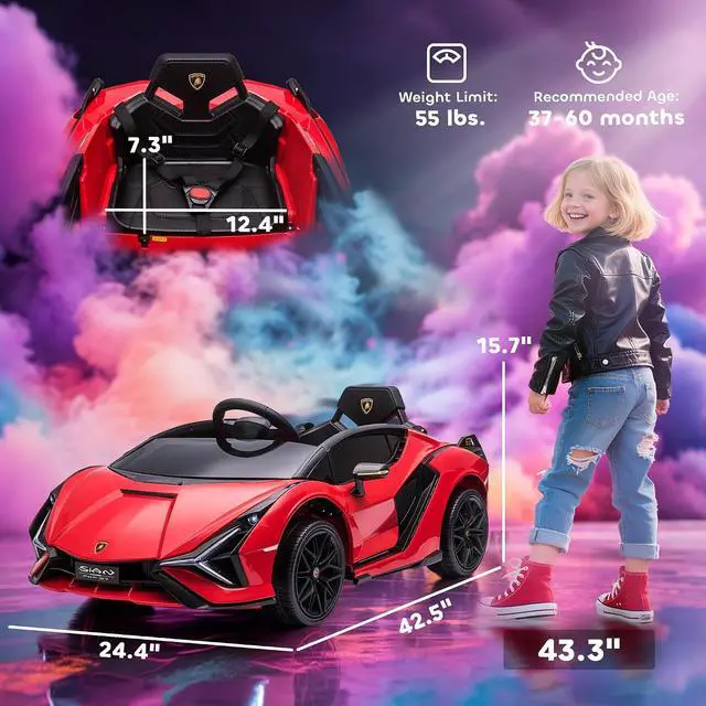 Alt view image 7 of 7 - 12V Ride on Car Lamborghini SIAN Licensed Battery Powered Red | Electric Car for Kids, Remote Control, Horn, Music, Headlights