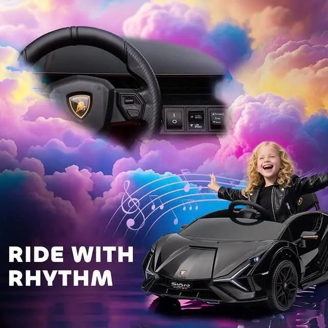 Alt view image 6 of 7 - 12V Ride on Car Lamborghini SIAN Licensed Battery Powered Black | Electric Car for Kids, Remote Control, Horn, Music, Headlights