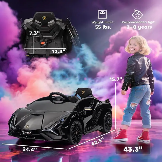 Alt view image 7 of 7 - 12V Ride on Car Lamborghini SIAN Licensed Battery Powered Black | Electric Car for Kids, Remote Control, Horn, Music, Headlights