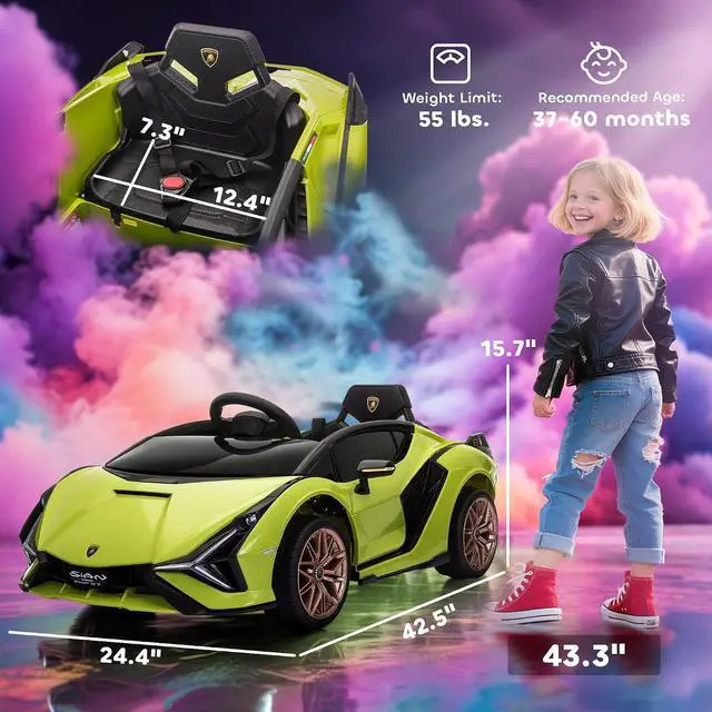 Alt view image 7 of 7 - 12V Ride on Car Lamborghini SIAN Licensed Battery Powered Green | Electric Car for Kids, Remote Control, Horn, Music, Headlights