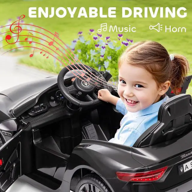 Alt view image 6 of 7 - Qaba 12V Kids Electric Car Maserati Gran Turismo Licensed for Kids Black | Remote Control, Toddler Electric Vehicle, Auxiliary Wheel, Soft Start, LED Lights, Music, Horn, 3 Speeds