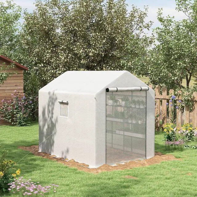 Alt view image 2 of 7 - 8' x 6' x 7' Walk-in Greenhouse PE Cover 4-Tier Shelves White | Steel Frame Hot House, Roll-Up Zipper Door, for Flowers, Vegetables, Saplings, Tropical Plants