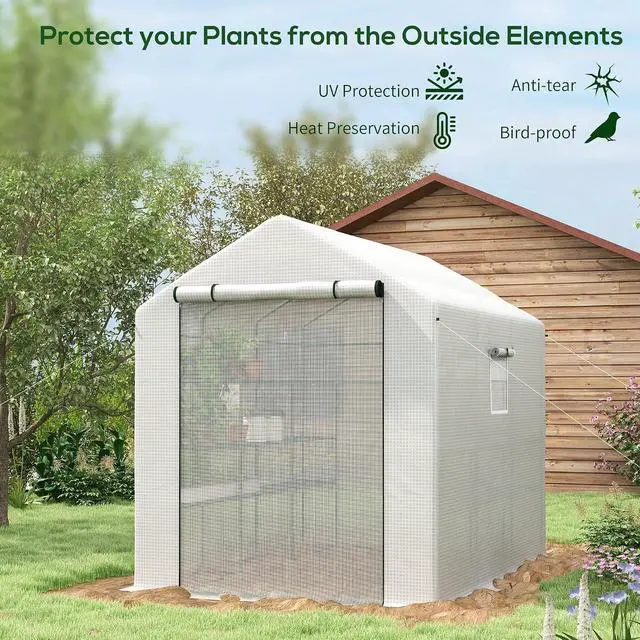 Alt view image 3 of 7 - 8' x 6' x 7' Walk-in Greenhouse PE Cover 4-Tier Shelves White | Steel Frame Hot House, Roll-Up Zipper Door, for Flowers, Vegetables, Saplings, Tropical Plants