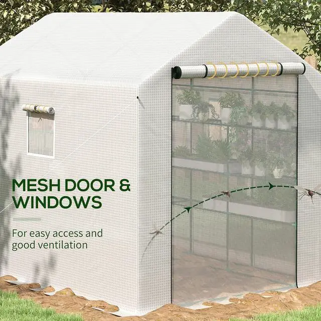 Alt view image 4 of 7 - 8' x 6' x 7' Walk-in Greenhouse PE Cover 4-Tier Shelves White | Steel Frame Hot House, Roll-Up Zipper Door, for Flowers, Vegetables, Saplings, Tropical Plants