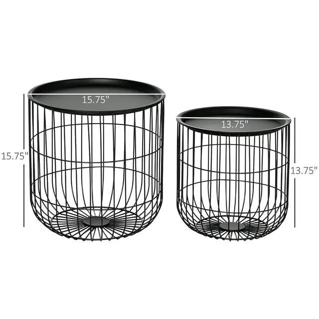 Alt view image 3 of 7 - Nesting Coffee Tables Round Wire Basket Table Set of 2 Black | Removable Top, Stackable, Blanket Storage, Living Room