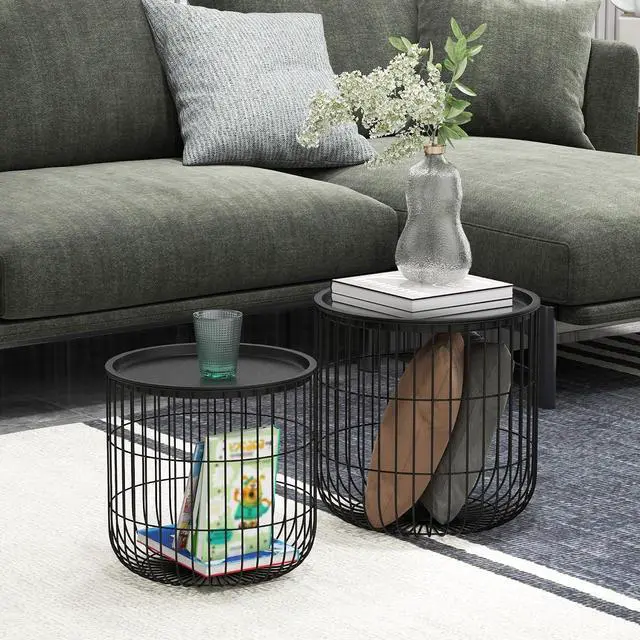 Alt view image 2 of 7 - Nesting Coffee Tables Round Wire Basket Table Set of 2 Black | Removable Top, Stackable, Blanket Storage, Living Room