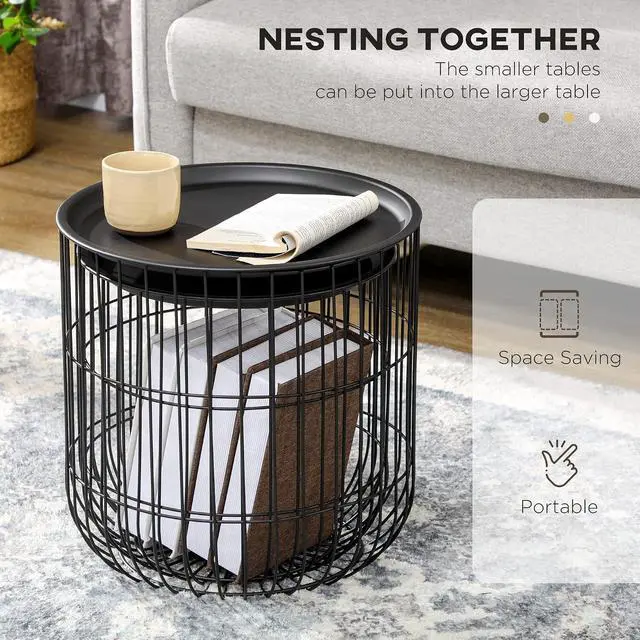 Alt view image 4 of 7 - Nesting Coffee Tables Round Wire Basket Table Set of 2 Black | Removable Top, Stackable, Blanket Storage, Living Room