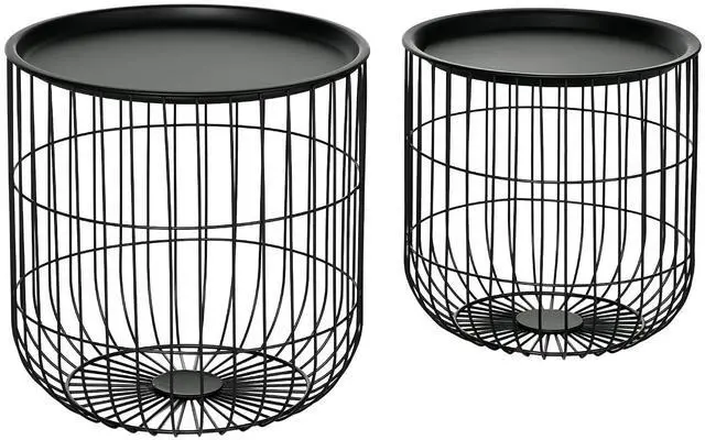 Main image of Nesting Coffee Tables Round Wire Basket Table Set of 2 Black | Removable Top, Stackable, Blanket Storage, Living Room