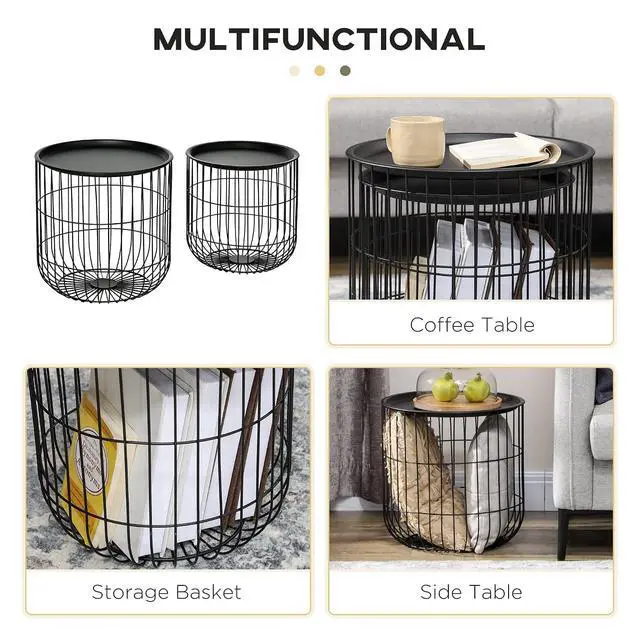 Alt view image 6 of 7 - Nesting Coffee Tables Round Wire Basket Table Set of 2 Black | Removable Top, Stackable, Blanket Storage, Living Room