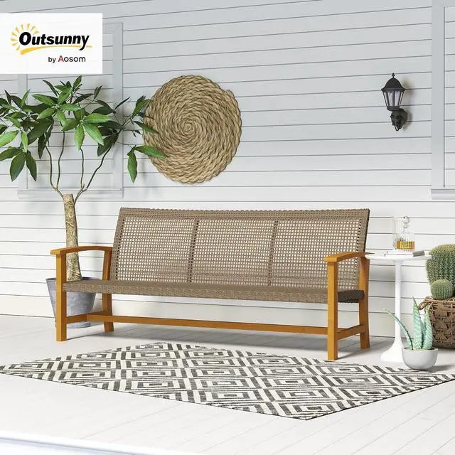 Alt view image 2 of 7 - Wicker Outdoor Couch 3-Seat Patio Sofa 1000 lbs. Capacity Teak | Rattan Design, Acacia Wood Patio Furniture Couch, Steel Seat and Armrests, Backyard Porch