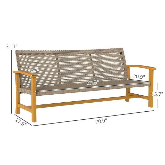 Alt view image 3 of 7 - Wicker Outdoor Couch 3-Seat Patio Sofa 1000 lbs. Capacity Teak | Rattan Design, Acacia Wood Patio Furniture Couch, Steel Seat and Armrests, Backyard Porch