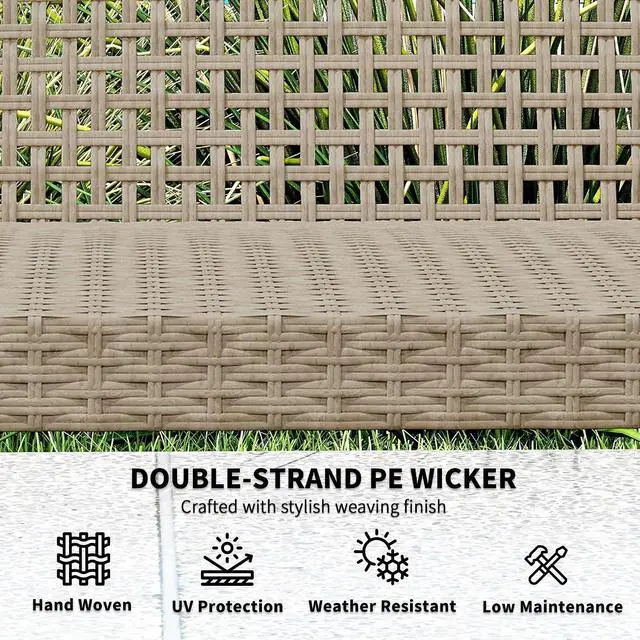 Alt view image 5 of 7 - Wicker Outdoor Couch 3-Seat Patio Sofa 1000 lbs. Capacity Teak | Rattan Design, Acacia Wood Patio Furniture Couch, Steel Seat and Armrests, Backyard Porch
