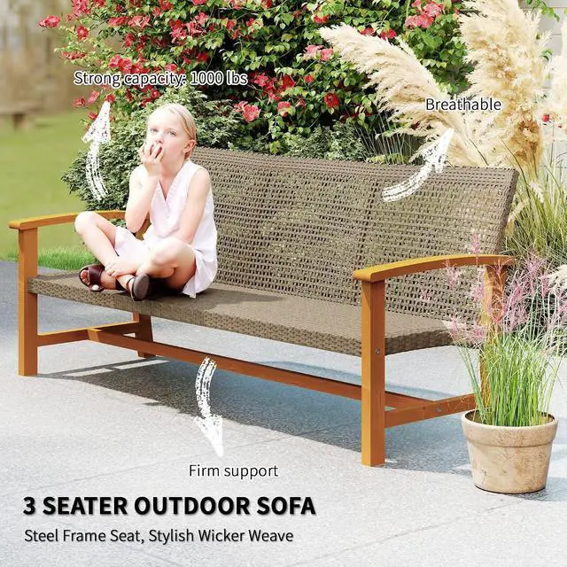 Alt view image 4 of 7 - Wicker Outdoor Couch 3-Seat Patio Sofa 1000 lbs. Capacity Teak | Rattan Design, Acacia Wood Patio Furniture Couch, Steel Seat and Armrests, Backyard Porch