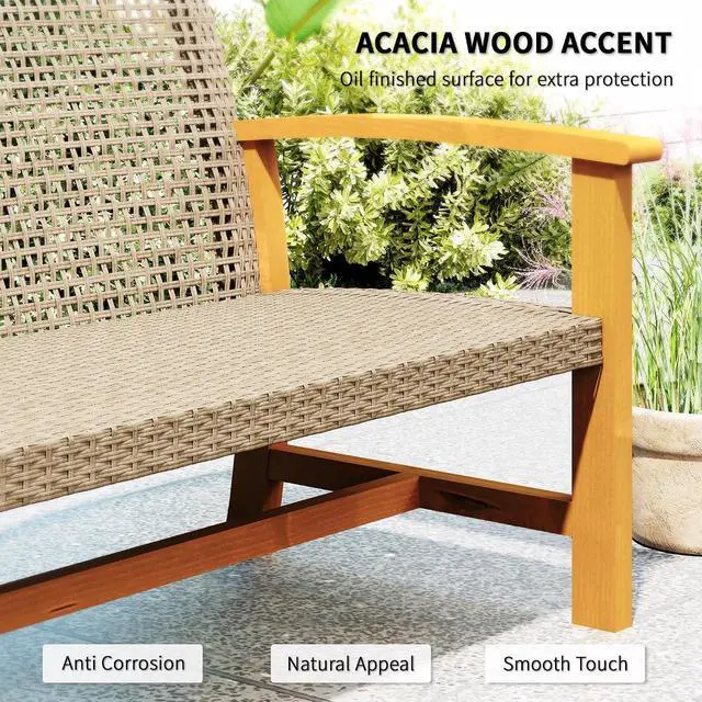 Alt view image 6 of 7 - Wicker Outdoor Couch 3-Seat Patio Sofa 1000 lbs. Capacity Teak | Rattan Design, Acacia Wood Patio Furniture Couch, Steel Seat and Armrests, Backyard Porch
