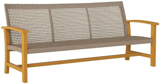 Main image of Wicker Outdoor Couch 3-Seat Patio Sofa 1000 lbs. Capacity Teak | Rattan Design, Acacia Wood Patio Furniture Couch, Steel Seat and Armrests, Backyard Porch