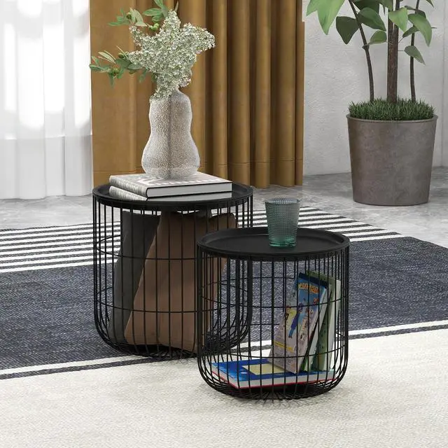 Alt view image 7 of 7 - Nesting Coffee Tables Round Wire Basket Table Set of 2 Black | Removable Top, Stackable, Blanket Storage, Living Room