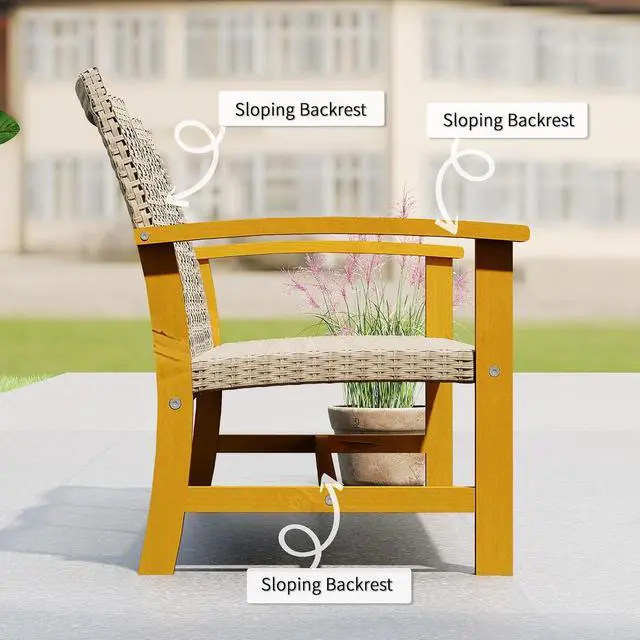 Alt view image 7 of 7 - Wicker Outdoor Couch 3-Seat Patio Sofa 1000 lbs. Capacity Teak | Rattan Design, Acacia Wood Patio Furniture Couch, Steel Seat and Armrests, Backyard Porch