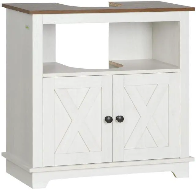 Main image of kleankin Farmhouse Under Sink Bathroom Cabinet, Pedestal Vanity Storage Cabinet with Double Doors and Storage Shelves, Bathroom Organizer, White