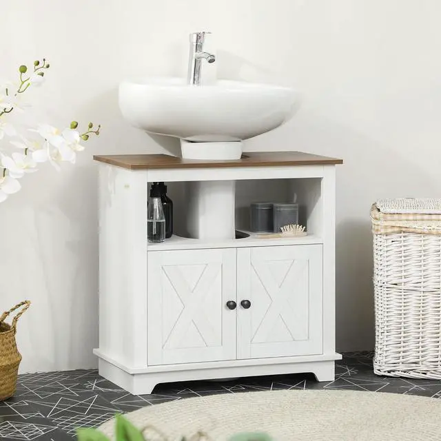 Alt view image 2 of 7 - kleankin Farmhouse Under Sink Bathroom Cabinet, Pedestal Vanity Storage Cabinet with Double Doors and Storage Shelves, Bathroom Organizer, White