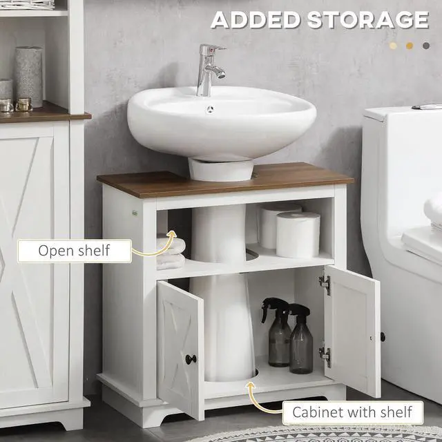 Alt view image 5 of 7 - kleankin Farmhouse Under Sink Bathroom Cabinet, Pedestal Vanity Storage Cabinet with Double Doors and Storage Shelves, Bathroom Organizer, White