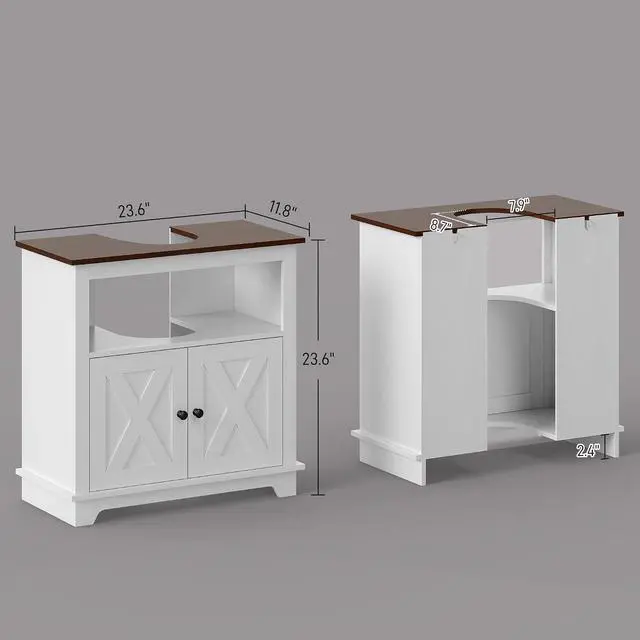 Alt view image 3 of 7 - kleankin Farmhouse Under Sink Bathroom Cabinet, Pedestal Vanity Storage Cabinet with Double Doors and Storage Shelves, Bathroom Organizer, White