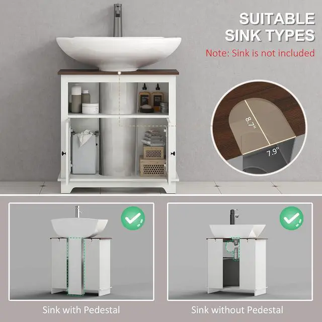 Alt view image 4 of 7 - kleankin Farmhouse Under Sink Bathroom Cabinet, Pedestal Vanity Storage Cabinet with Double Doors and Storage Shelves, Bathroom Organizer, White
