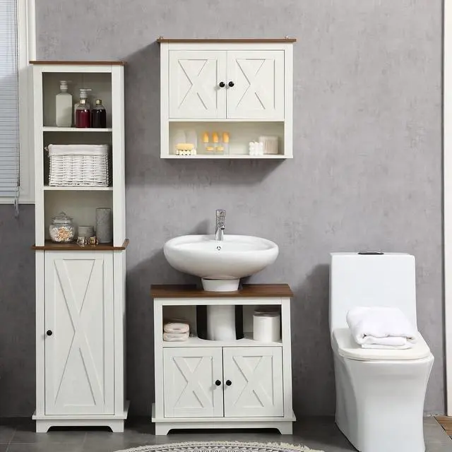 Alt view image 7 of 7 - kleankin Farmhouse Under Sink Bathroom Cabinet, Pedestal Vanity Storage Cabinet with Double Doors and Storage Shelves, Bathroom Organizer, White