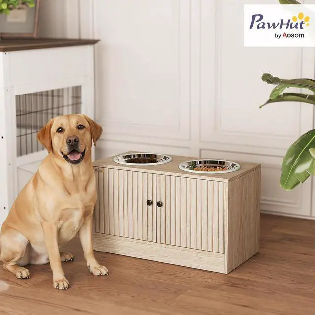 Alt view image 2 of 7 - PawHut Elevated Dog Bowls Storage Cabinet Slow Feeder for Large Pets Oak | Raised Dog Bowl Stand, Pet Feeding Station, Non-Slip