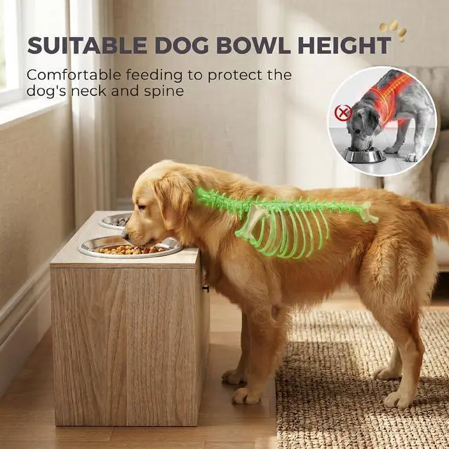 Alt view image 3 of 7 - PawHut Elevated Dog Bowls Storage Cabinet Slow Feeder for Large Pets Oak | Raised Dog Bowl Stand, Pet Feeding Station, Non-Slip