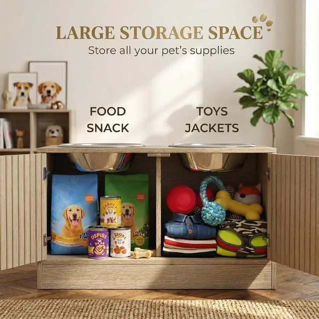 Alt view image 4 of 7 - PawHut Elevated Dog Bowls Storage Cabinet Slow Feeder for Large Pets Oak | Raised Dog Bowl Stand, Pet Feeding Station, Non-Slip