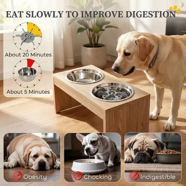 Alt view image 6 of 7 - PawHut Elevated Dog Bowls Storage Cabinet Slow Feeder for Large Pets Oak | Raised Dog Bowl Stand, Pet Feeding Station, Non-Slip