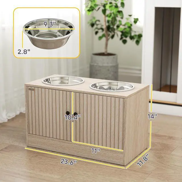 Alt view image 7 of 7 - PawHut Elevated Dog Bowls Storage Cabinet Slow Feeder for Large Pets Oak | Raised Dog Bowl Stand, Pet Feeding Station, Non-Slip