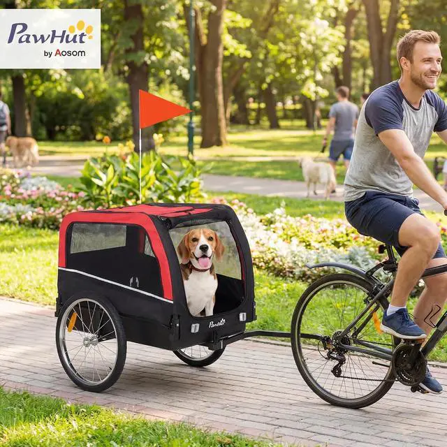 Alt view image 2 of 7 - PawHut Dog Bike Trailer 20" Air Tires for Small Medium Breeds 44 lbs | Pet Cart Bicycle Carrier, Quick-Release Wheels, Reflectors, Flag, Dog Cart for Bicycle