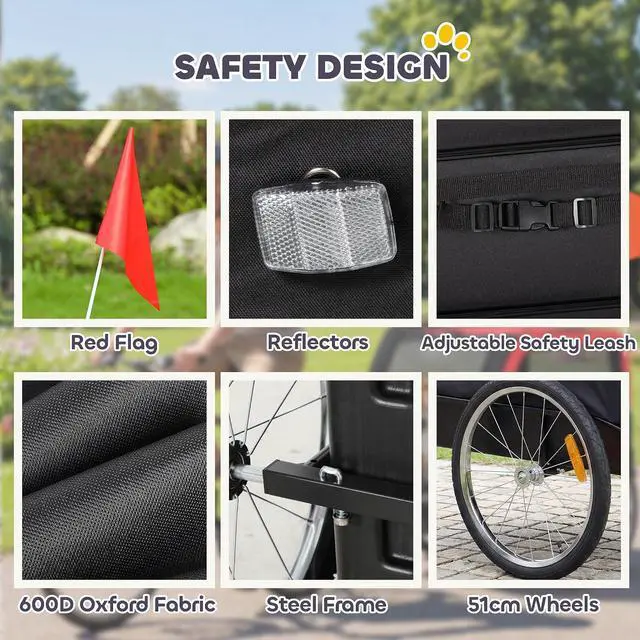 Alt view image 5 of 7 - PawHut Dog Bike Trailer 20" Air Tires for Small Medium Breeds 44 lbs | Pet Cart Bicycle Carrier, Quick-Release Wheels, Reflectors, Flag, Dog Cart for Bicycle