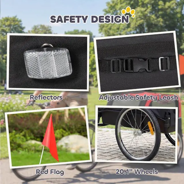Alt view image 7 of 7 - PawHut Dog Bike Trailer 20" Air Tires for Small Medium Breeds 44 lbs | Pet Cart Bicycle Carrier, Quick-Release Wheels, Reflectors, Flag, Dog Cart for Bicycle