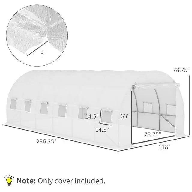 Alt view image 7 of 7 - 19.7' x 9.8' x 6.6' Plastic Greenhouse Cover Replacement White | Heavy Duty Waterproof Tarp, for Hoop House, Sheeting, 12 Windows, Door, Reinforcement Grid
