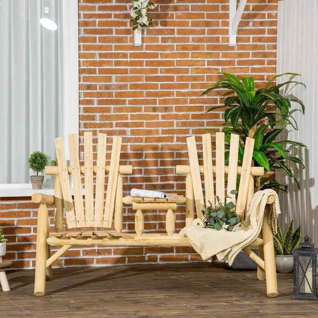 Alt view image 2 of 7 - 2-Seat Wooden Adirondack Chair Patio Bench with Table Natural | Outdoor Loveseat Fire Pit Chair, Porch, Backyard, Deck