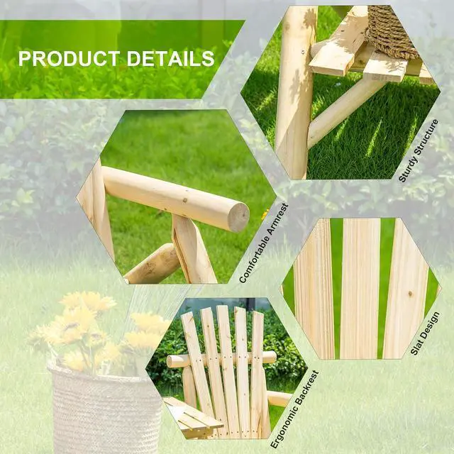 Alt view image 4 of 7 - 2-Seat Wooden Adirondack Chair Patio Bench with Table Natural | Outdoor Loveseat Fire Pit Chair, Porch, Backyard, Deck