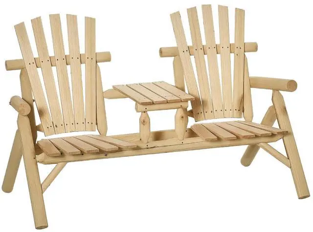Main image of 2-Seat Wooden Adirondack Chair Patio Bench with Table Natural | Outdoor Loveseat Fire Pit Chair, Porch, Backyard, Deck