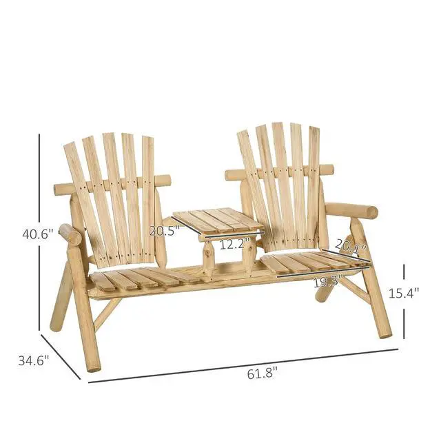 Alt view image 3 of 7 - 2-Seat Wooden Adirondack Chair Patio Bench with Table Natural | Outdoor Loveseat Fire Pit Chair, Porch, Backyard, Deck