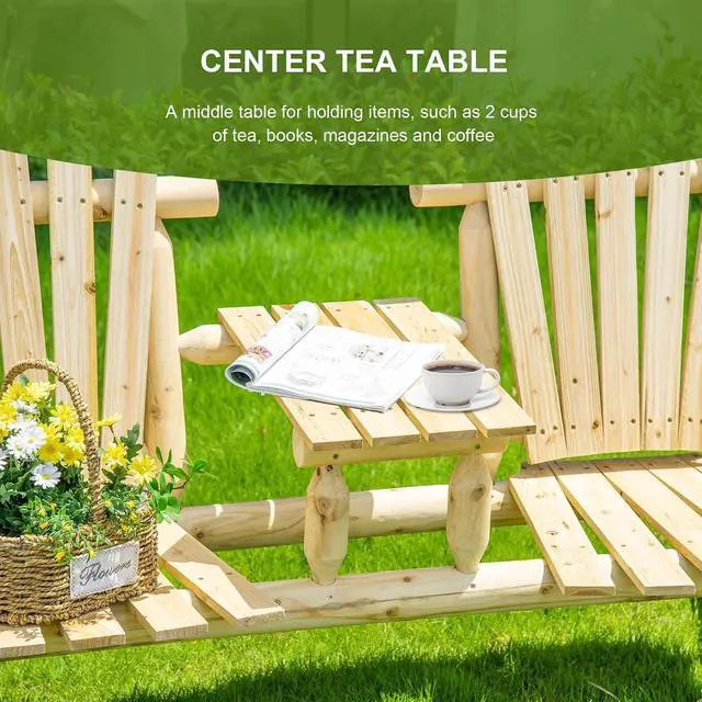 Alt view image 6 of 7 - 2-Seat Wooden Adirondack Chair Patio Bench with Table Natural | Outdoor Loveseat Fire Pit Chair, Porch, Backyard, Deck