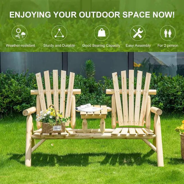 Alt view image 7 of 7 - 2-Seat Wooden Adirondack Chair Patio Bench with Table Natural | Outdoor Loveseat Fire Pit Chair, Porch, Backyard, Deck