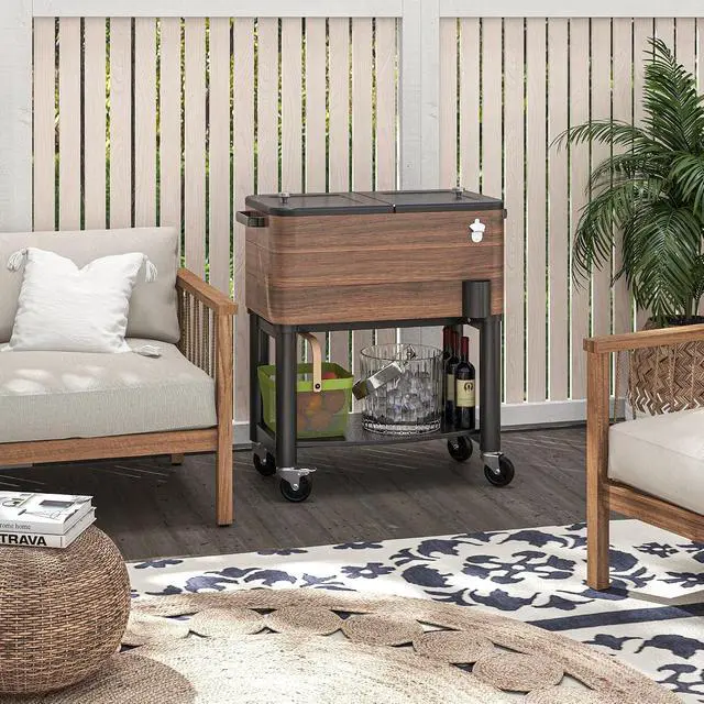 Alt view image 2 of 7 - Outdoor Cooler Cart Rugged Steel Patio Cooler Locking Wheels Brown | Rolling Beverage Ice Chest, 60 Quart Capacity, for Poolside BBQs