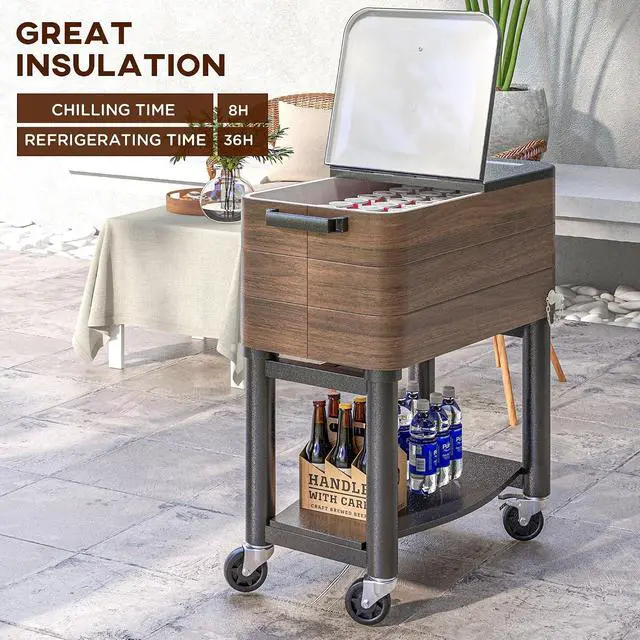 Alt view image 3 of 7 - Outdoor Cooler Cart Rugged Steel Patio Cooler Locking Wheels Brown | Rolling Beverage Ice Chest, 60 Quart Capacity, for Poolside BBQs