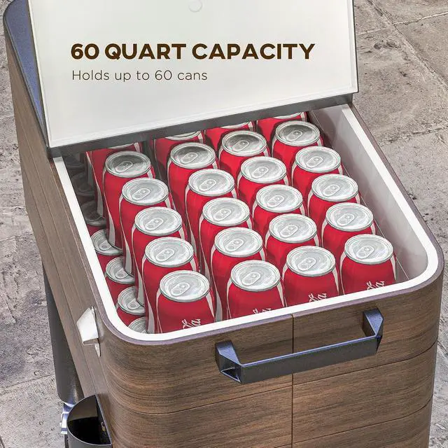 Alt view image 4 of 7 - Outdoor Cooler Cart Rugged Steel Patio Cooler Locking Wheels Brown | Rolling Beverage Ice Chest, 60 Quart Capacity, for Poolside BBQs