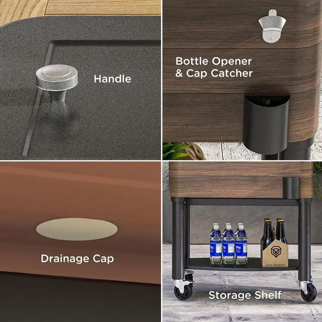 Alt view image 5 of 7 - Outdoor Cooler Cart Rugged Steel Patio Cooler Locking Wheels Brown | Rolling Beverage Ice Chest, 60 Quart Capacity, for Poolside BBQs