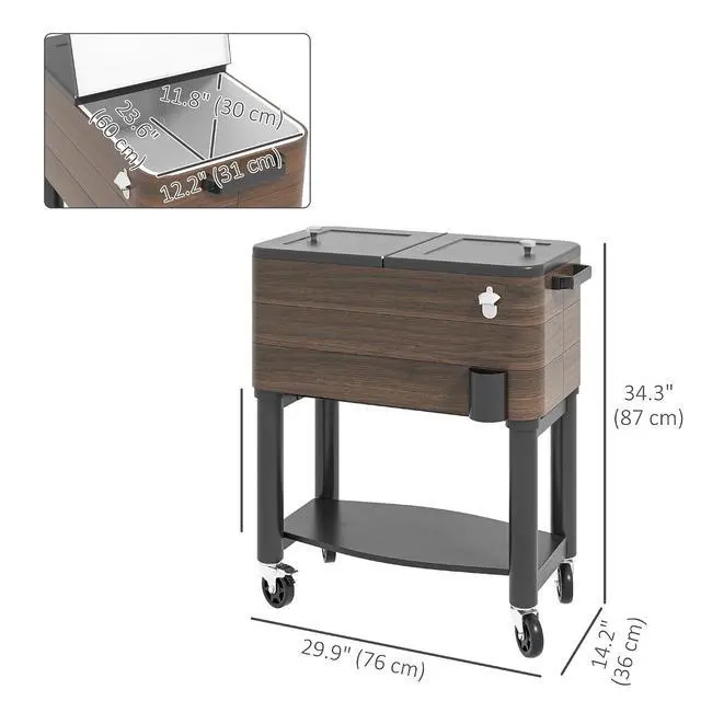 Alt view image 7 of 7 - Outdoor Cooler Cart Rugged Steel Patio Cooler Locking Wheels Brown | Rolling Beverage Ice Chest, 60 Quart Capacity, for Poolside BBQs