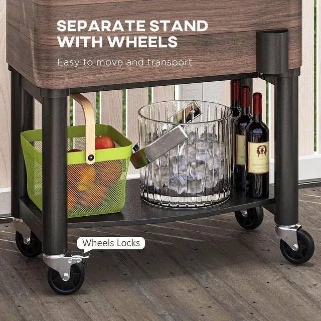 Alt view image 6 of 7 - Outdoor Cooler Cart Rugged Steel Patio Cooler Locking Wheels Brown | Rolling Beverage Ice Chest, 60 Quart Capacity, for Poolside BBQs