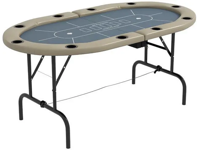 Main image of Poker Table Foldable 70" Oval 8-Player Blackjack Blue and Brown | Casino Texas Holdem Poker Game Table, with Cup Holders