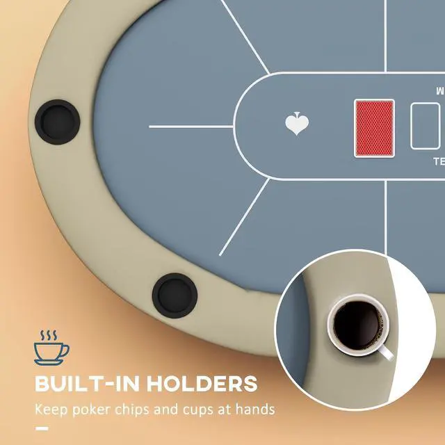 Alt view image 5 of 7 - Poker Table Foldable 70" Oval 8-Player Blackjack Blue and Brown | Casino Texas Holdem Poker Game Table, with Cup Holders